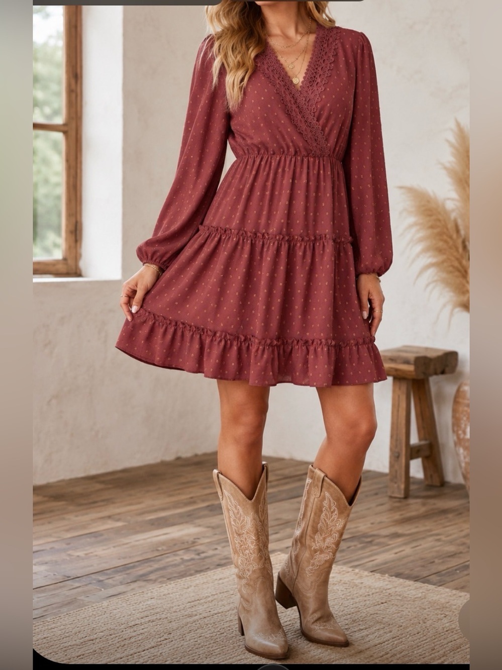 Boho Dress Long Sleeve Dainty Tiered Ruffle Mini Lightweight